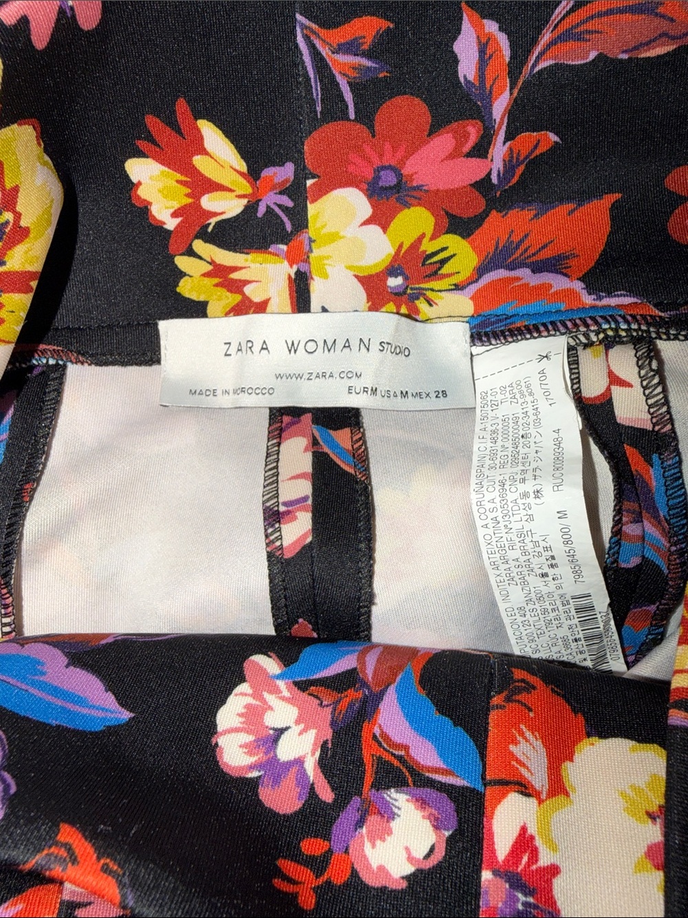 Zara Black Floral Straight Leg Pants with Red, Yellow & Purple Flowers